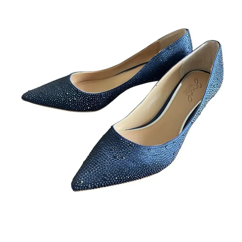 Badgley Mischka NEW Pointed Toe Kitten Heels, French Navy Crystals, 8.5